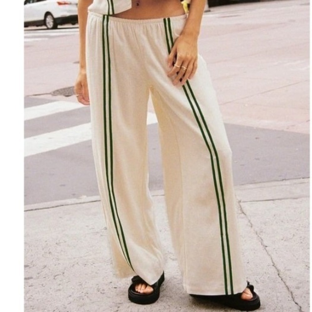 NWT Princess Polly Linen Blend Cream Wide Leg Pants Green Stripe Telling Lies 12